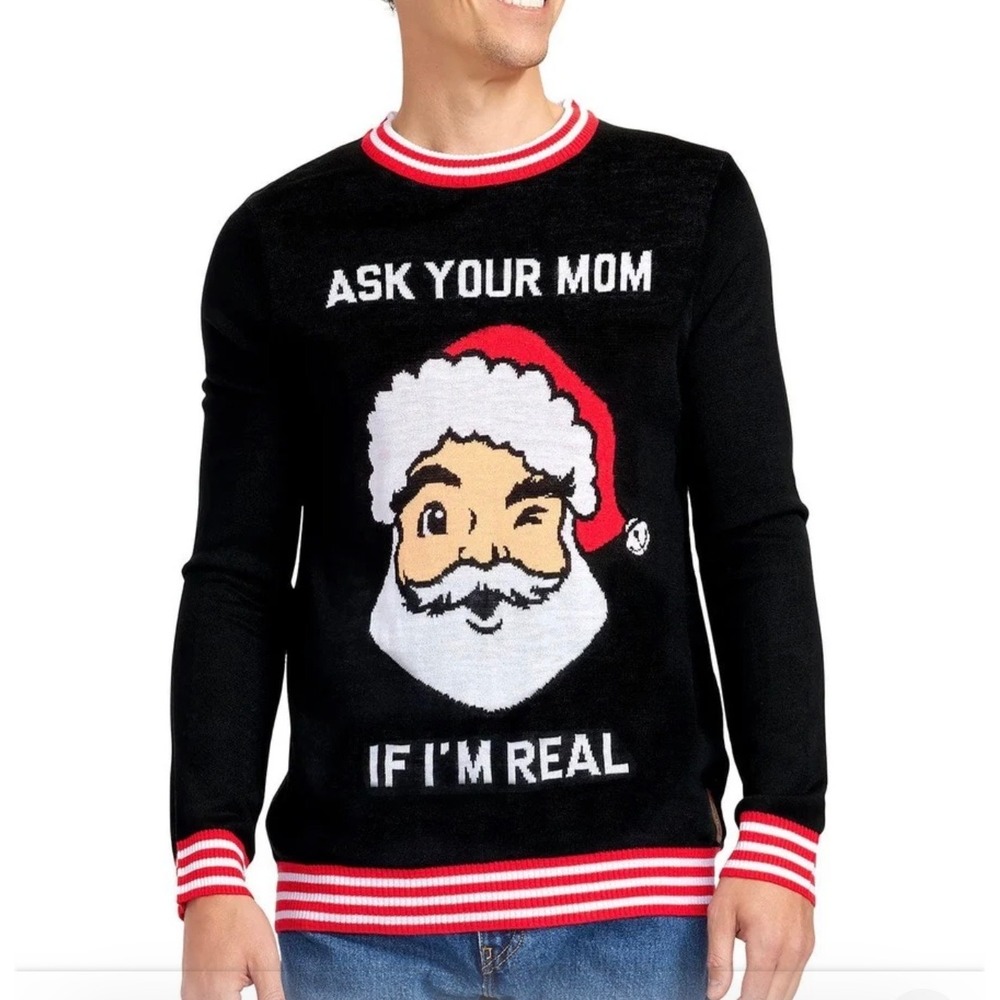 Tipsy Elves Mens Ask Your Mom Ugly Christmas Sweater Santa Black 3XL